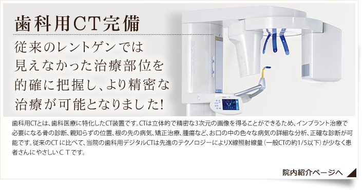 歯科用CT完備 従来のレントゲンでは見えなかった治療部位を的確に把握し、より精密な治療が可能となりました！歯科用CTとは、歯科医療に特化したCT装置です。CTは立体的で精密な3次元の画像を得ることができるため、インプラント治療で必要になる骨の診断、親知らずの位置、根の先の病気、矯正治療、腫瘍など、お口の中の色々な病気の詳細な分析、正確な診断が可能です。従来のCT に比べて、当院の歯科用デジタルCTは先進のテクノロジーによりX線照射線量（一般CTの約1/5以下）が少なく患者さんにやさしいＣＴです。